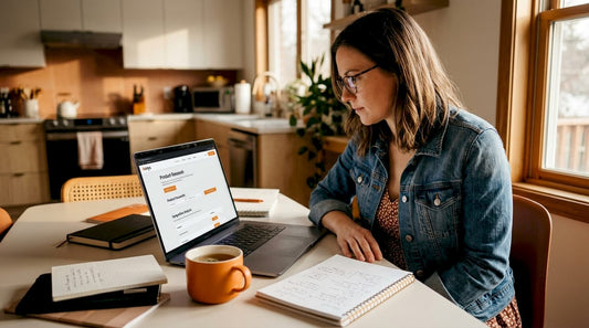 Woman researching product claims at home table