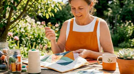 Woman handcrafting a quilt in cozy home