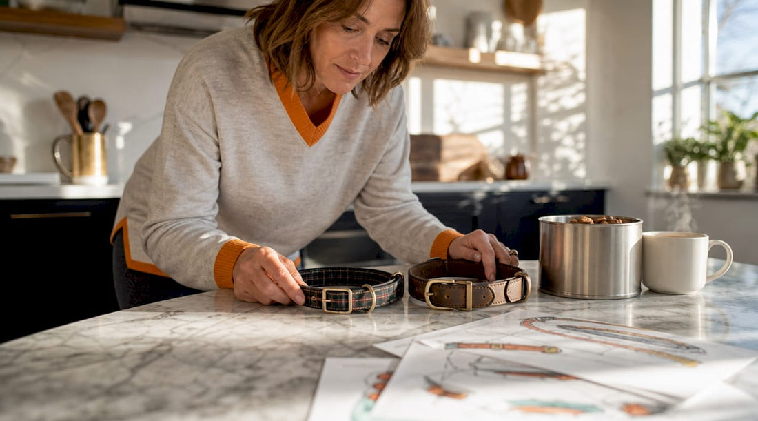 Woman comparing UK and US pet collars on desk