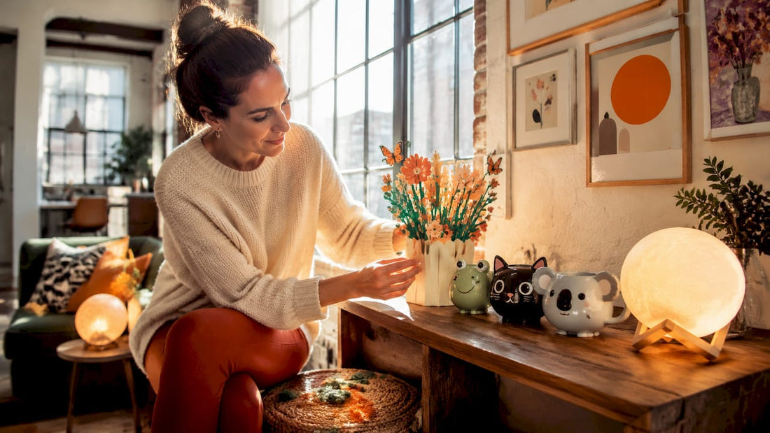 Woman arranging novelty home gifts in living room